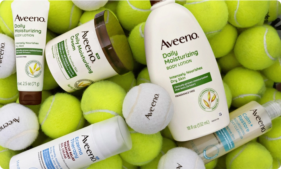 Aveeno products set featuring tennis fun balls from Aveeno sports event