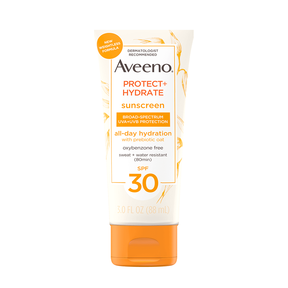 Pack shot of Aveeno® Protect + Hydrate Sunscreen Body Lotion Broad Spectrum SPF 30, 3 fl oz