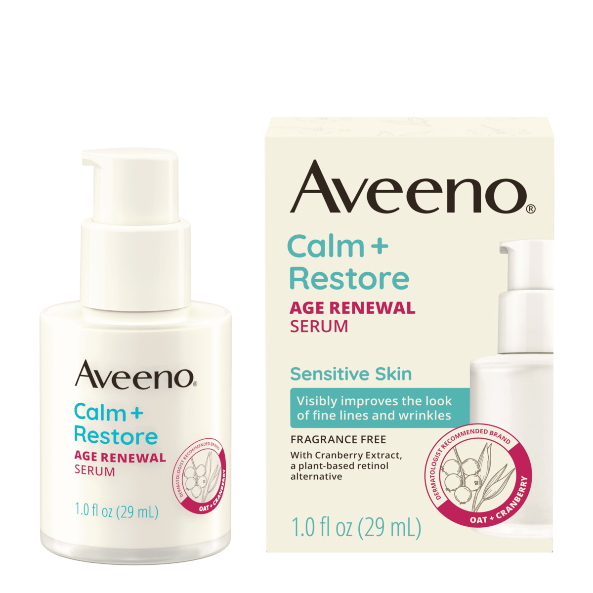 Front pack shot of Aveeno® Calm + Restore® Age Renewal Serum for Sensitive Skin