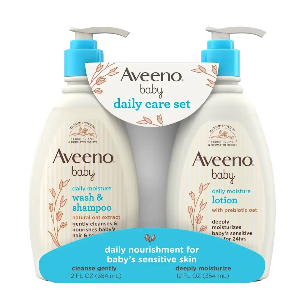 Aveeno® Baby Daily Care Set front of pack shot of Daily Moisture Wash & Shampoo and Lotion