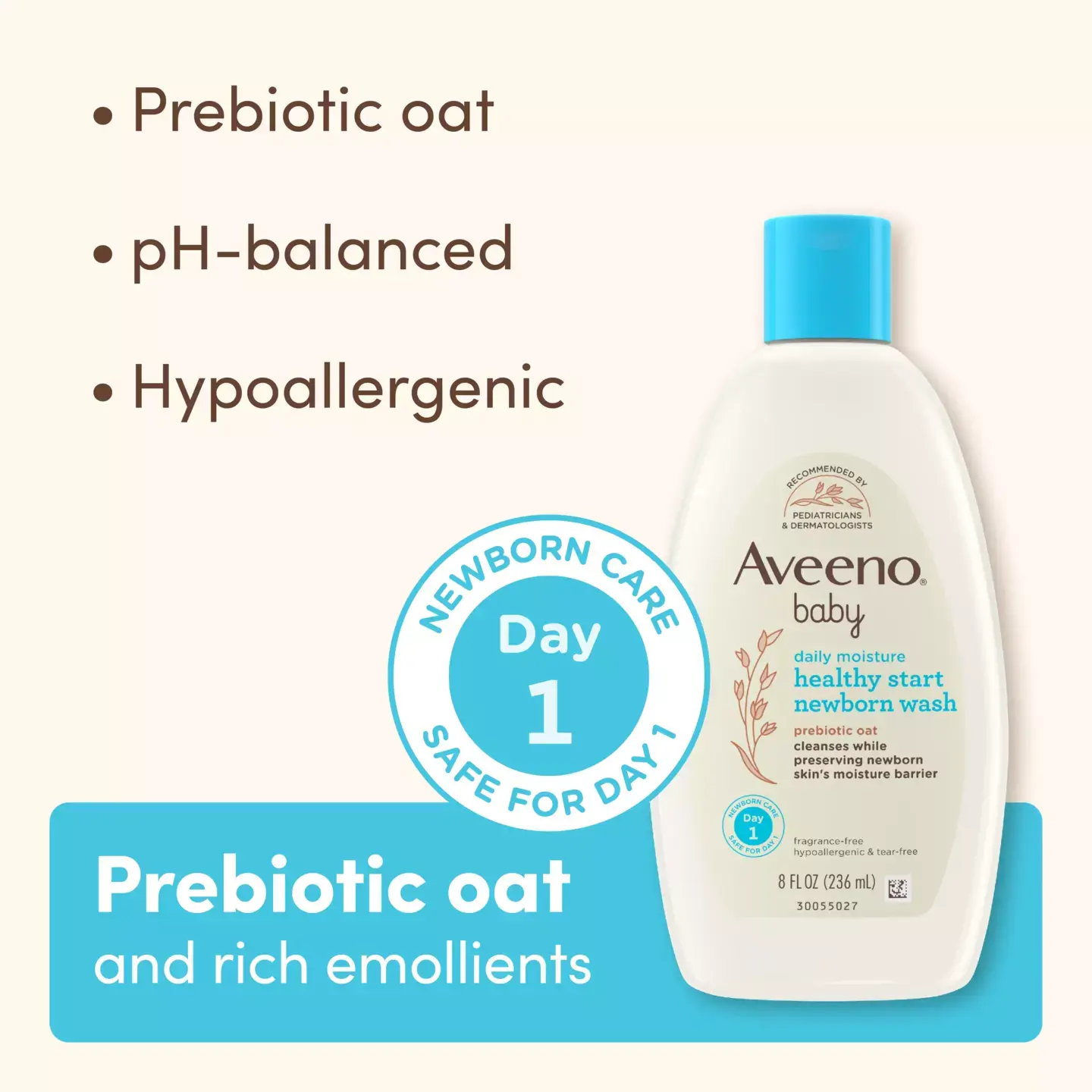 Image displays Aveeno Healthy Start Newborn Wash listing its main features: Prebiotic oat, pH-balanced, and Hypoallergenic