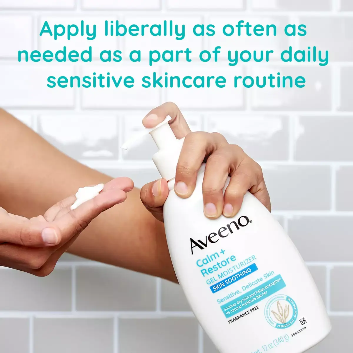 Aveeno® Calm + Restore Gel Moisturizer with text apply as part of a daily sensitive skincare routine
