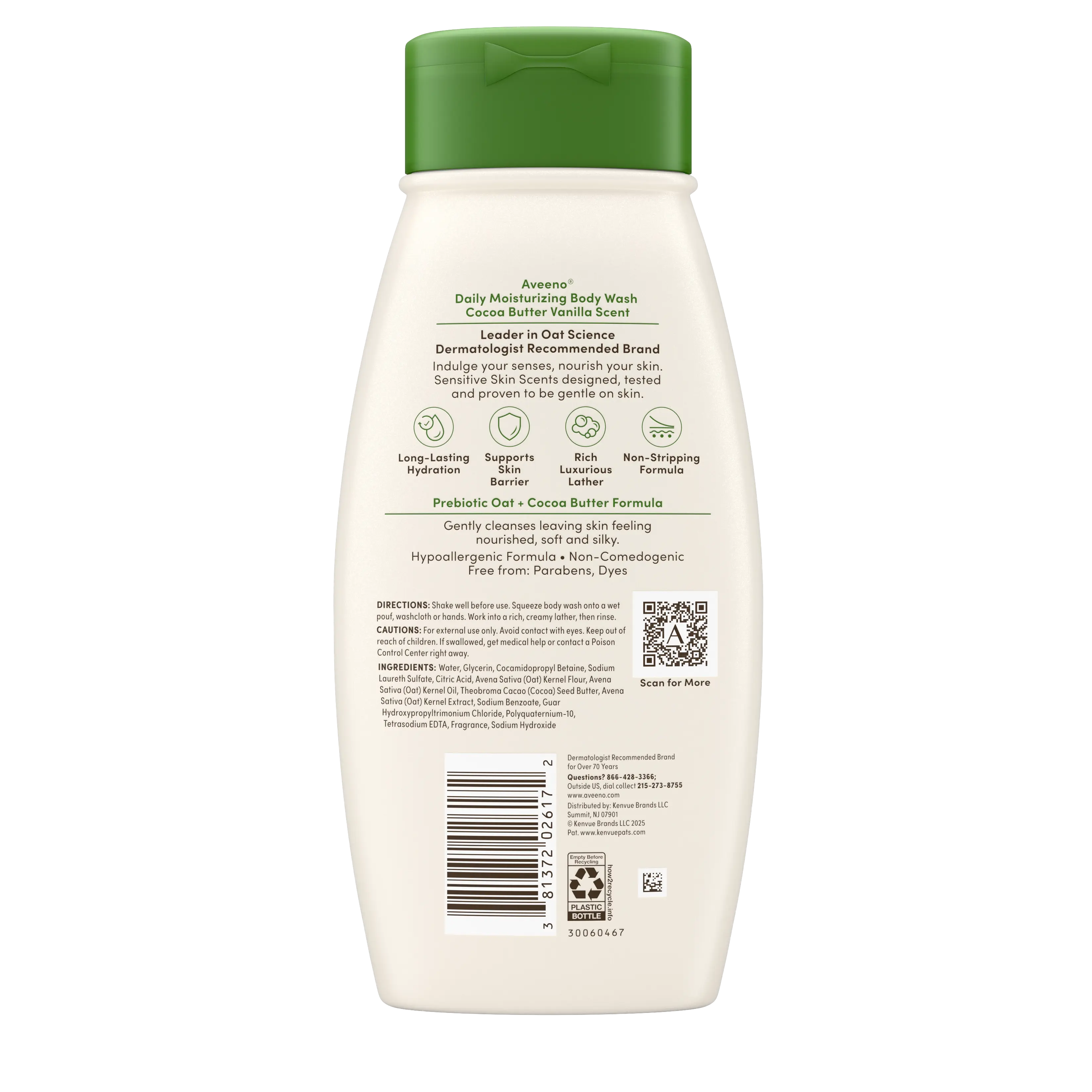 Back pack shot of Aveeno® Daily Moisturizing Body Wash, Cocoa Butter Vanilla Scent 18oz