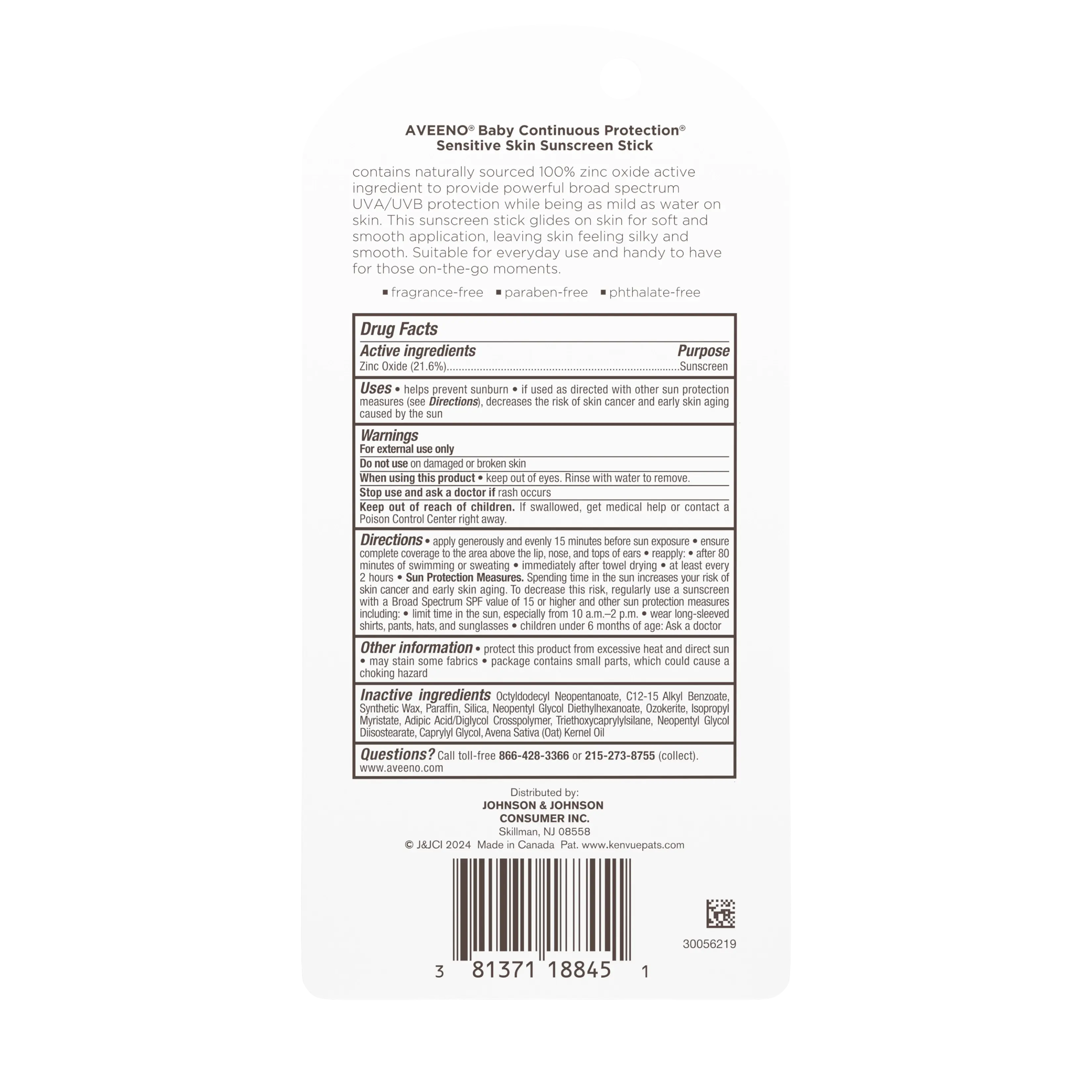 Back packshot of Aveeno® Baby Continuous Protection® Sensitive Skin Face Stick Broad Spectrum SPF50