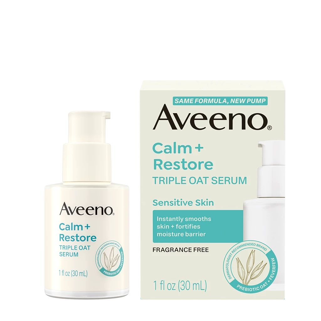 Aveeno® Calm + Restore Triple Oat Serum for Sensitive Skin. Same formula, new pump