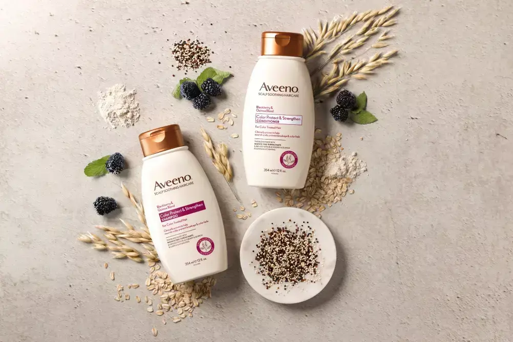 Aveeno® Color Protect & Strengthen Blackberry Quinoa Blend haircare set to color care and restore	
