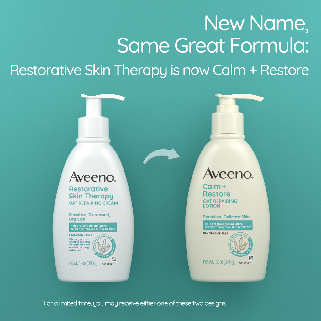 New Name and Look of Aveeno® Calm + Restore Oat Repairing Lotion for Sensitive Skin & Dry Skin
