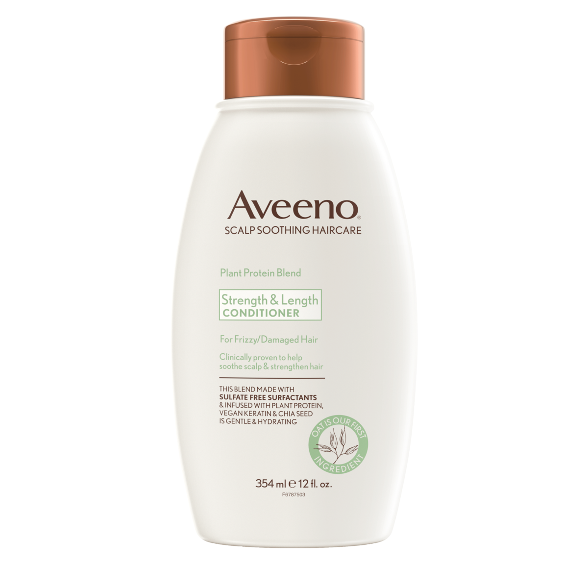 Pack shot of Aveeno® Plant Protein Strength & Length Conditioner for Frizzy/Damaged Hair, 12 fl oz