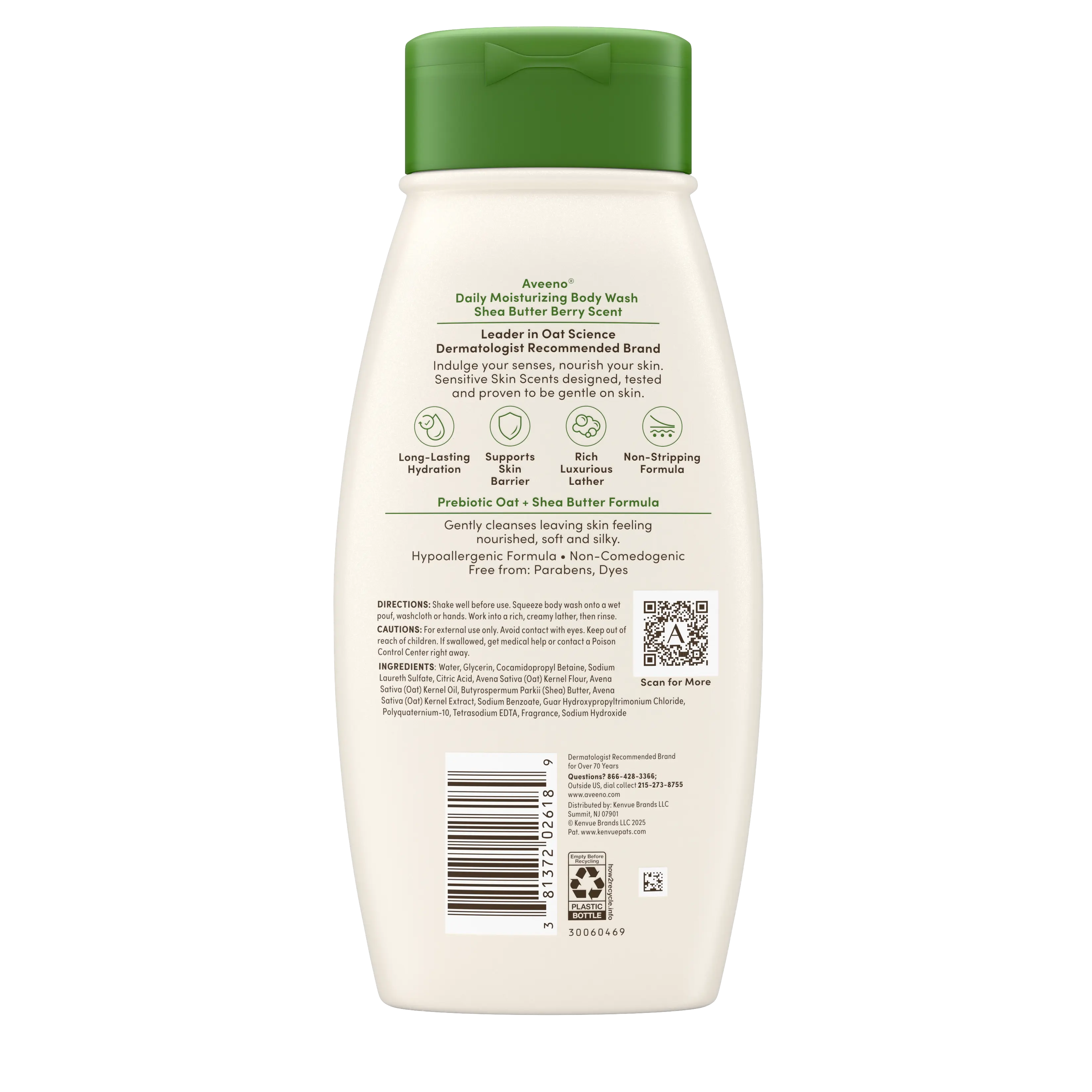 Back pack shot of Aveeno® Daily Moisturizing Body Wash, Shea Butter Berry Scent, Sensitive Skin Scents 18oz