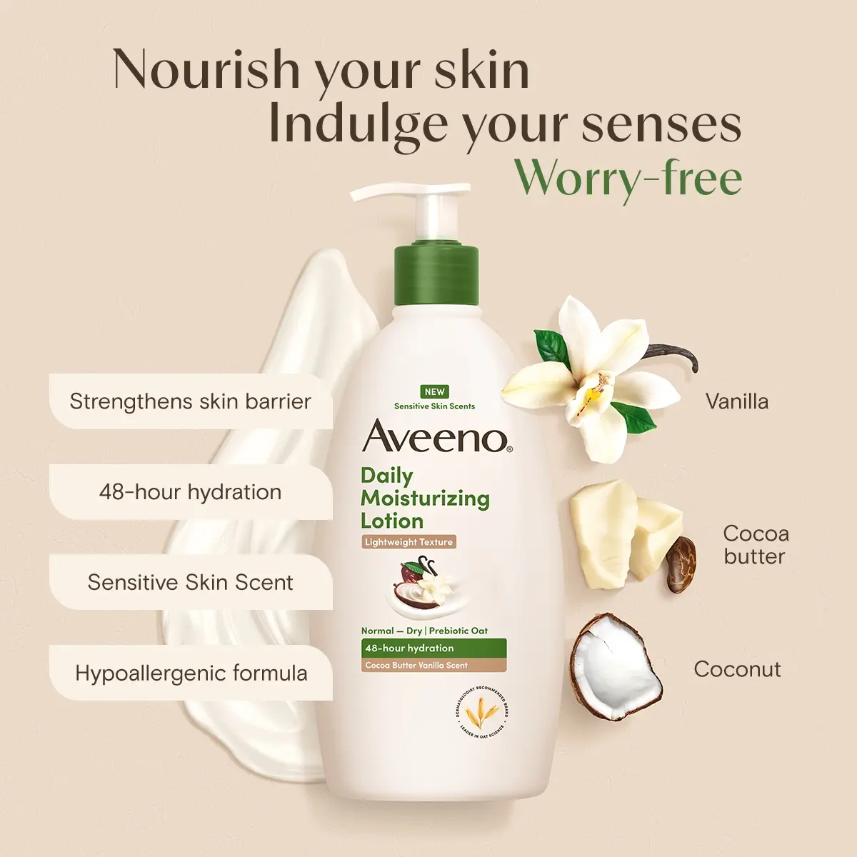 Aveeno® DM Lotion Cocoa Butter Vanilla Scent, nourishing your skin indulge your senses