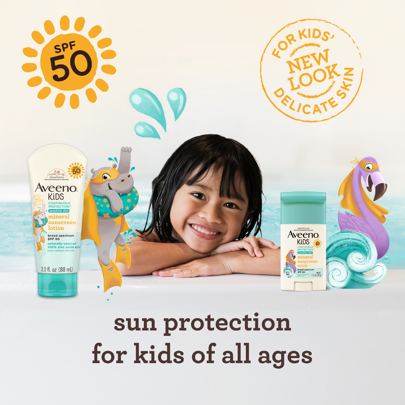 Aveeno® Kids Continuous Protection Sunscreen SPF 50 Lotion and Stick with colorful graphic background