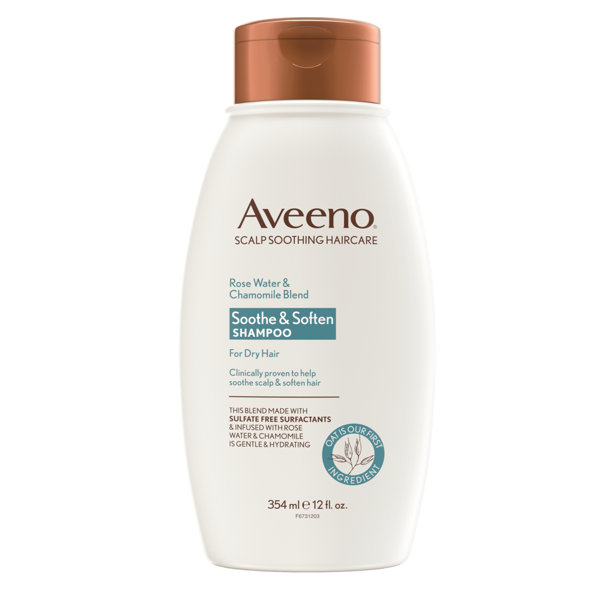 Pack shot of Aveeno® Rosewater & Chamomile Blend Soothe and Soften Shampoo for Dry Hair, 12 fl oz