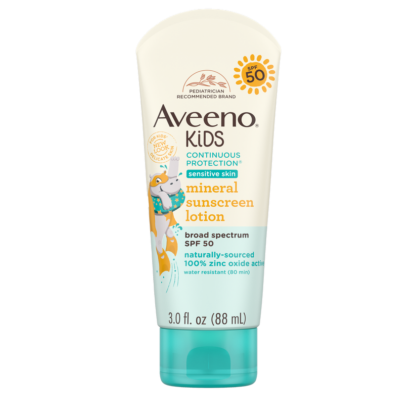 Pack shot of Aveeno® Kids Continuous Protection® Mineral Sunscreen Lotion with Broad Spectrum, SPF 50