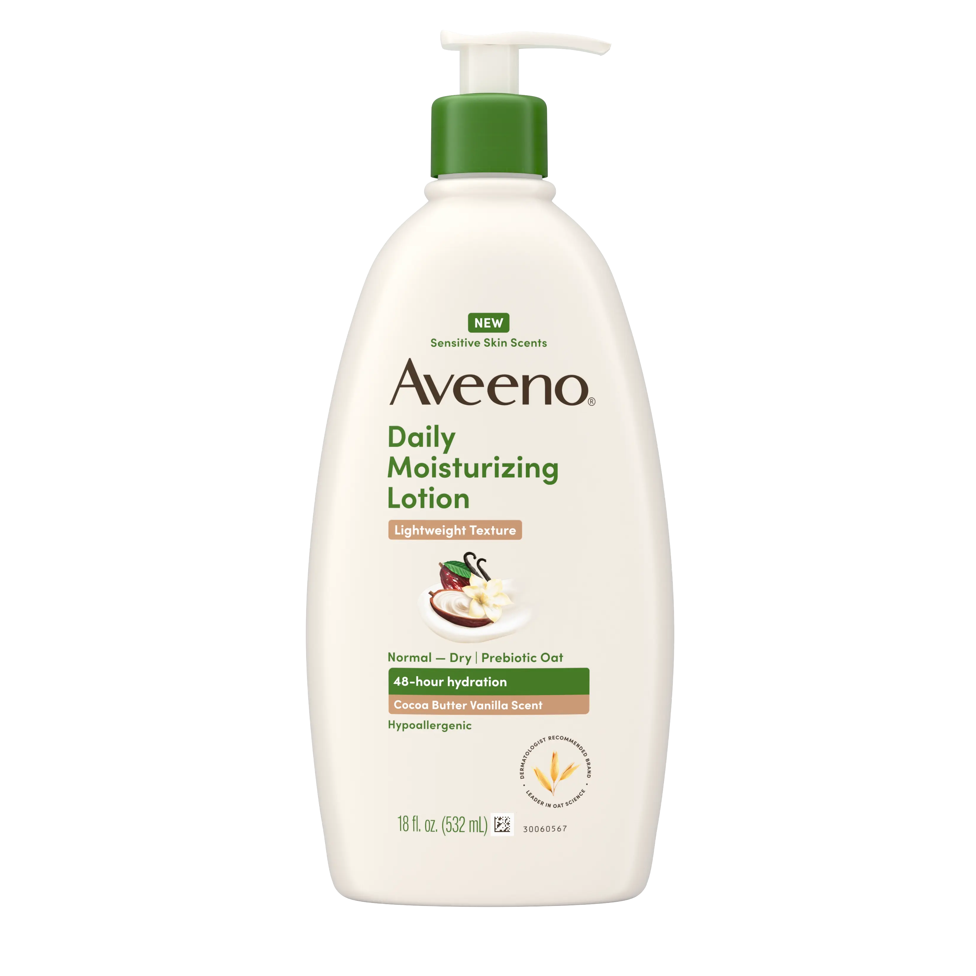 Front pack shot of Aveeno® DM Body Lotion, Cocoa Butter Vanilla Scent, Sensitive Skin Scents 18oz