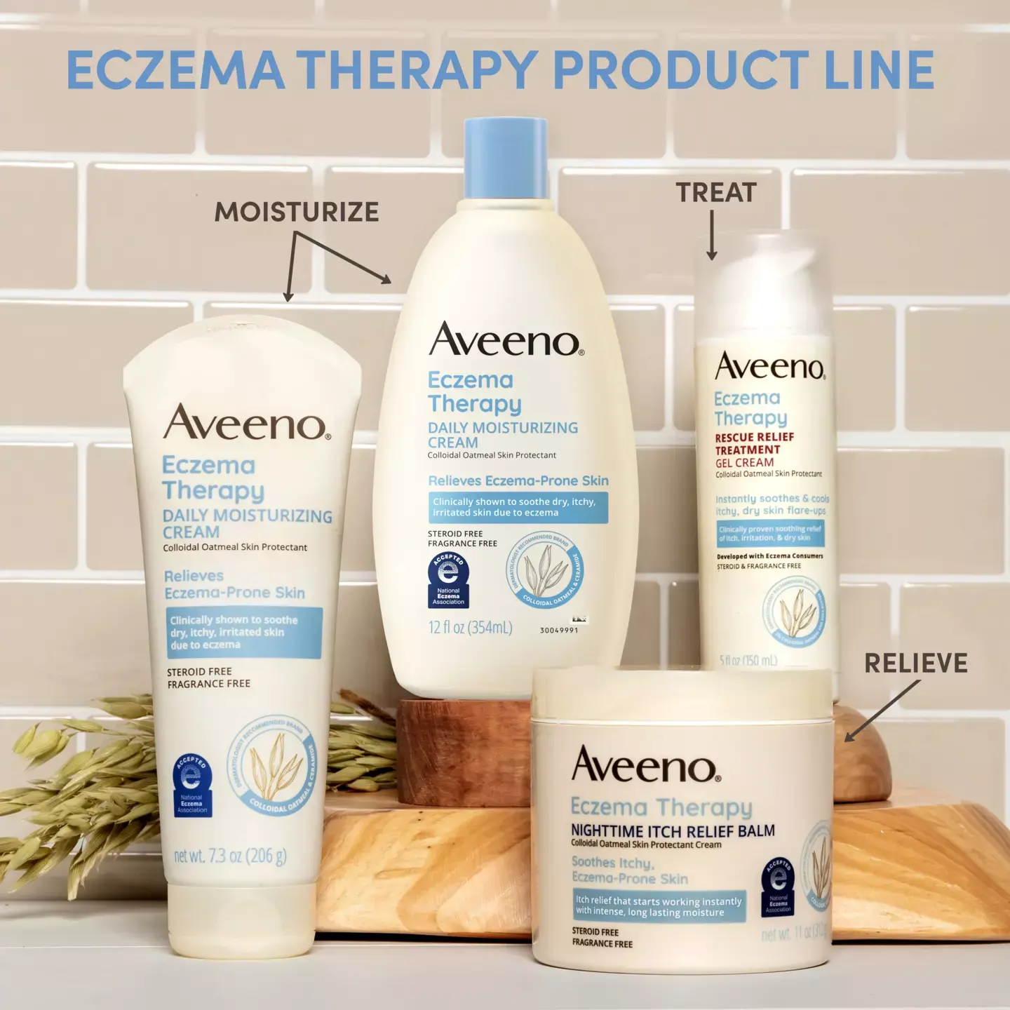 Aveeno® Eczema Therapy product line with regimen to moisturize, relieve and treat eczema-prone skin