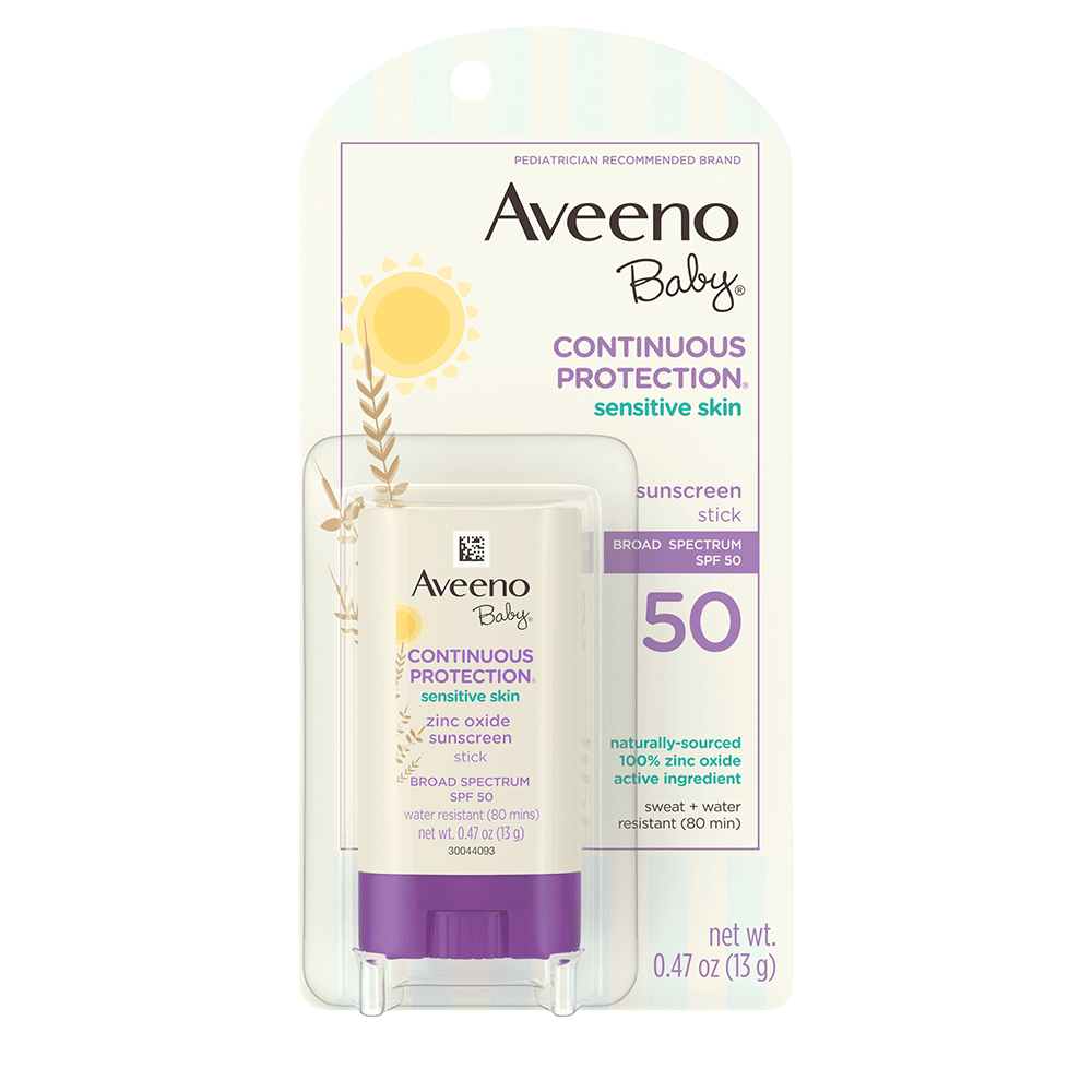Front pack shot of Aveeno® Baby Continuous Protection® Sensitive Skin Face Stick with Broad Spectrum SPF 50