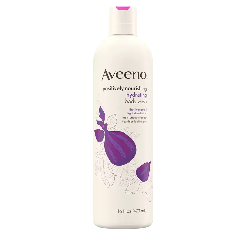 Product shot of front of aveeno positively nourishing, hydrating body wash with fig & shea butter