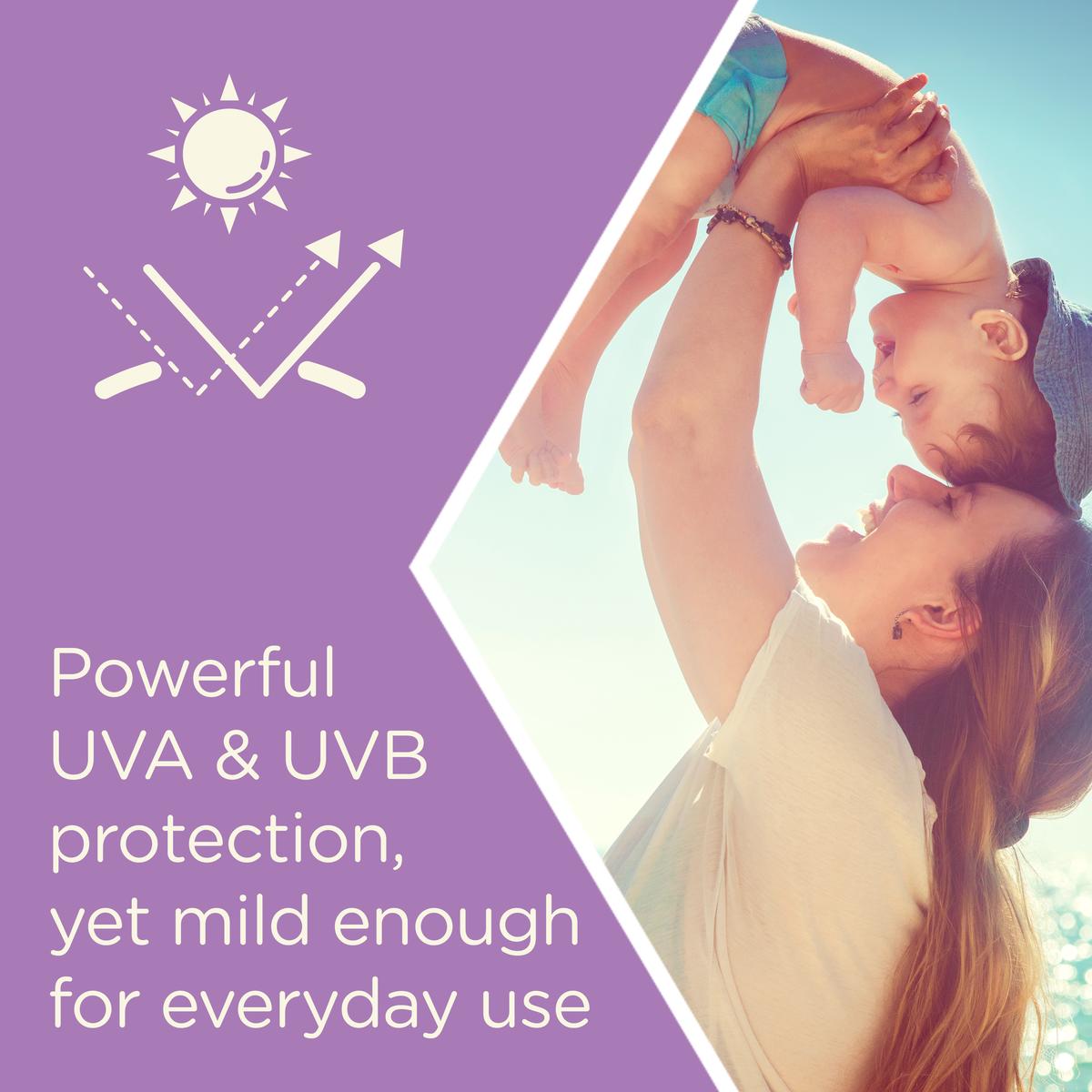 Woman holding baby in the air with graphic sun protection claim "Powerful UVA & UVB protection yet mild enough for everyday use