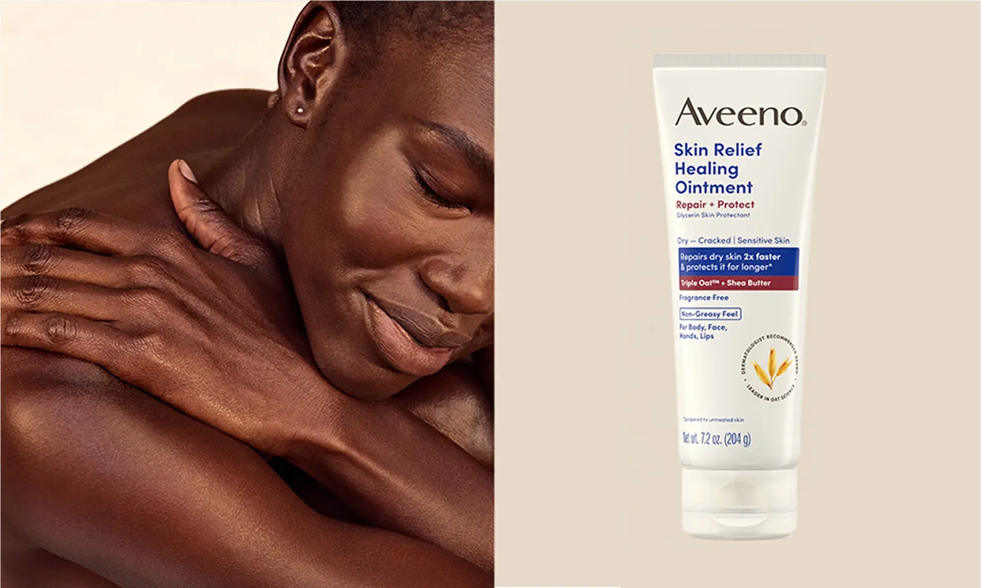 A woman hugging herself in a self care moment featuring Aveeno® Skin Relief Healing Ointment