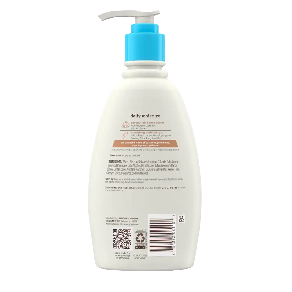  Back pack shot of Aveeno® Baby Daily Moisture Cream Prebiotic Oat, Coconut Oil & Shea Butter 12oz