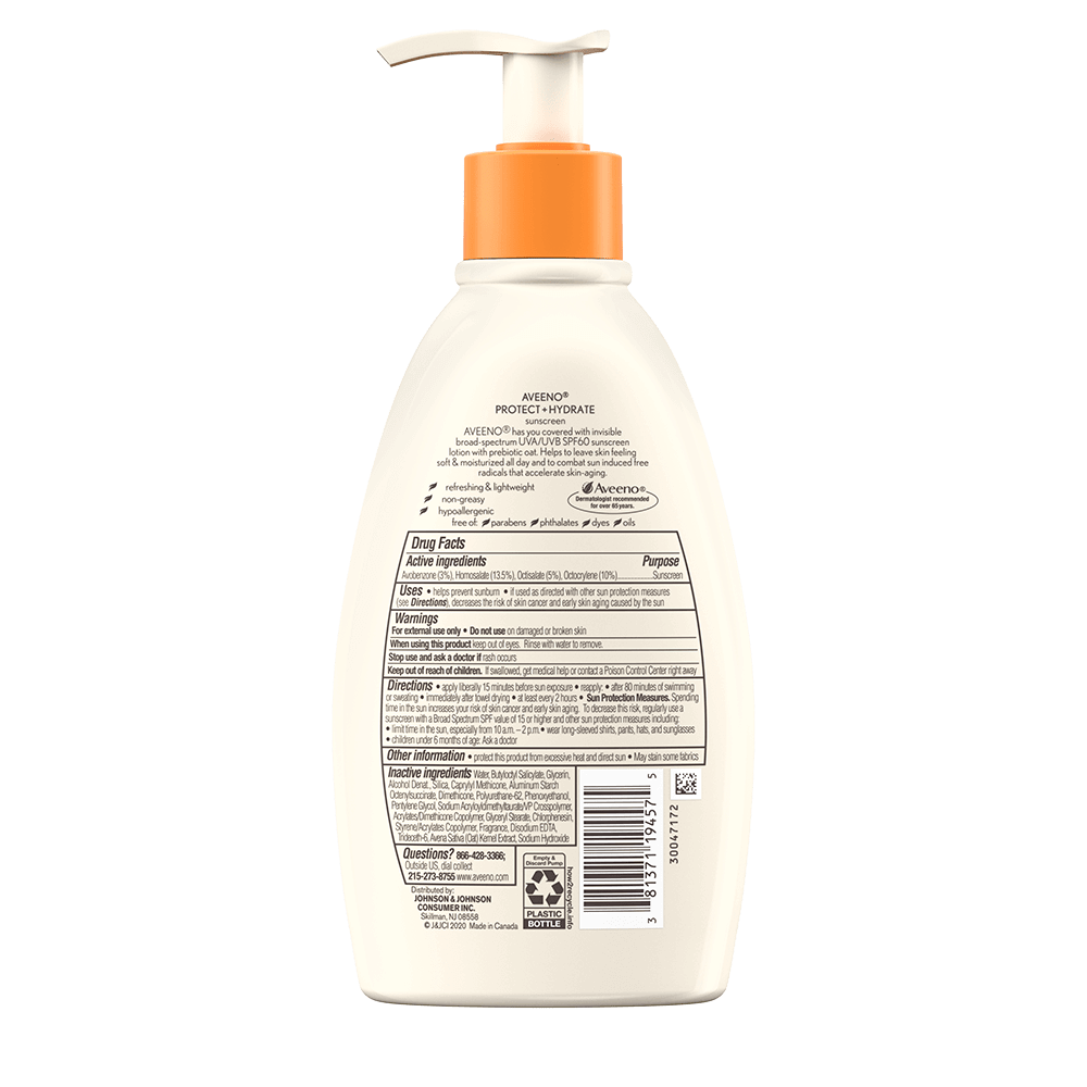 Back of Pack shot of Aveeno® Protect + Hydrate Sunscreen Body Lotion Broad Spectrum SPF 60