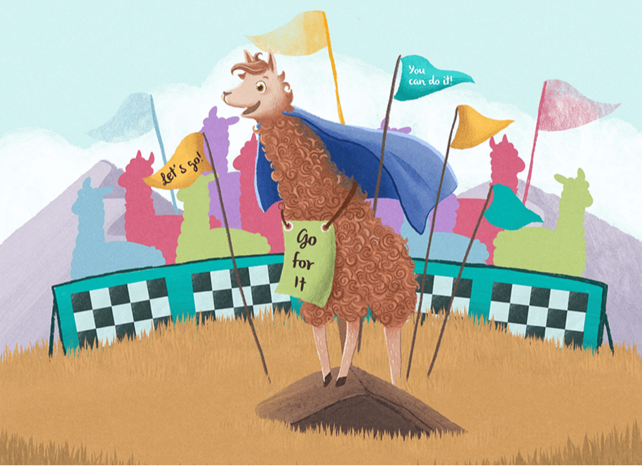 Lucky the Llama with curly hair appearing in a race with a sing that says "Go for it"