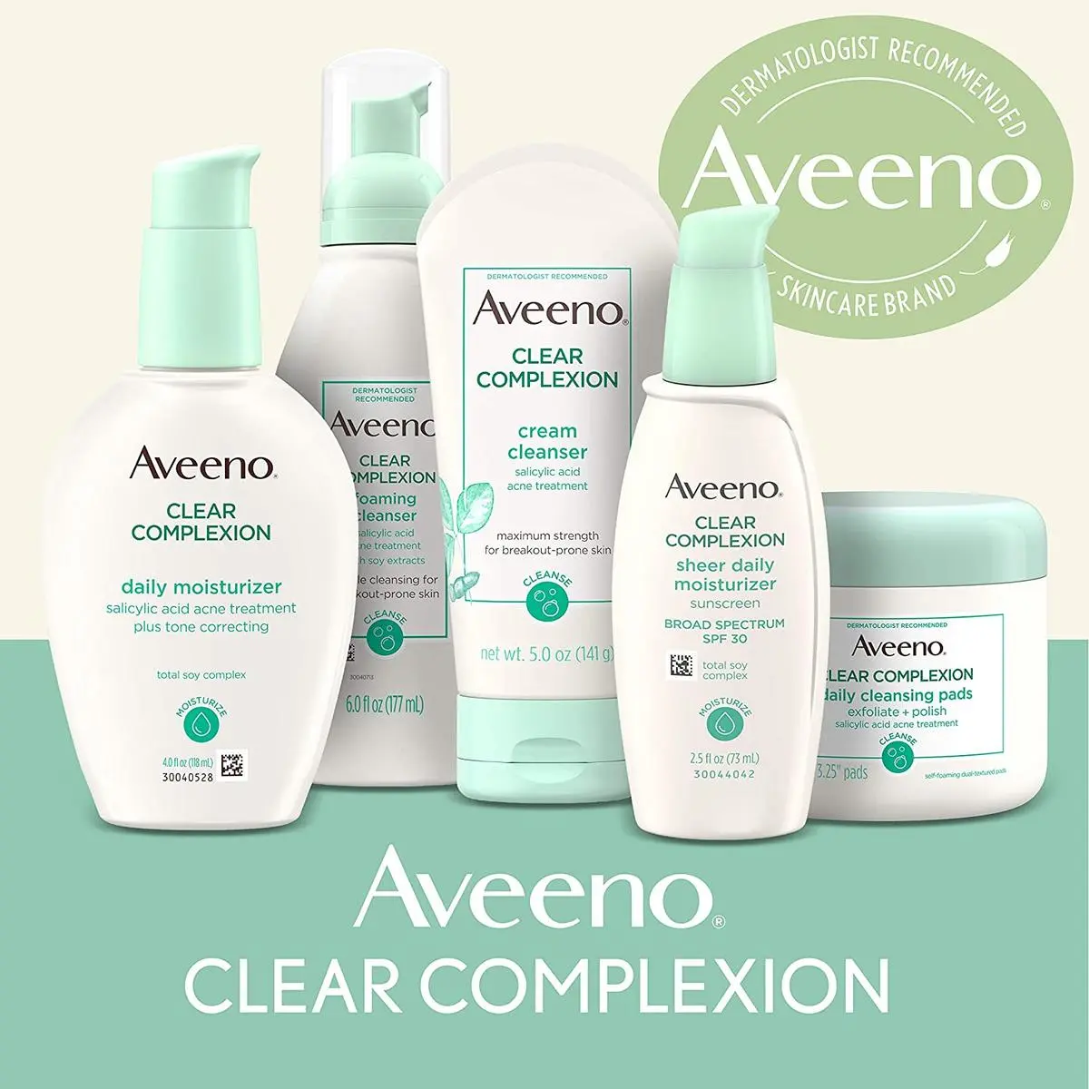 Collection of Aveeno® Clear Complexion product with "dermatologist recommended brand" badge behind