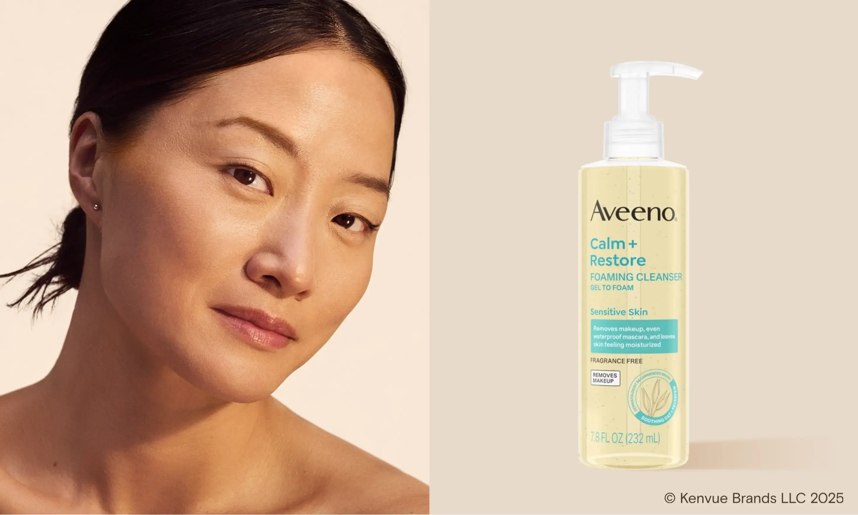 Banner with Aveeno® Calm + Restore Gentle Foaming Makeup Removing Cleanser and a woman calm face