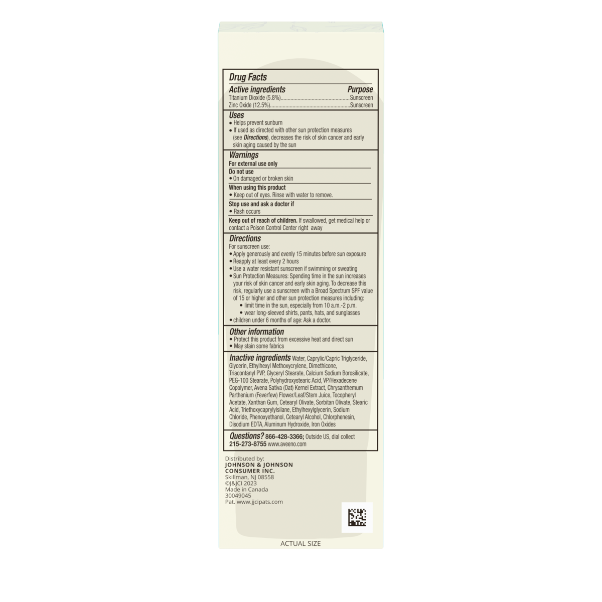 Back pack shot of Aveeno® Calm + Restore Daily Moisturizer Mineral Sunscreen 7oz