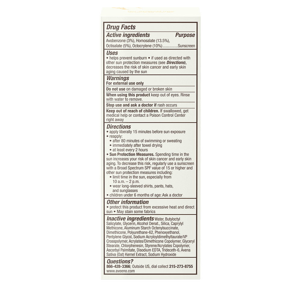 Back of pack shot of Aveeno® Protect + Hydrate Sunscreen Face Lotion Broad Spectrum SPF 60