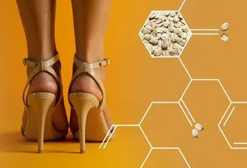 Back view of feet wearing high heels next to oat composition showing benefits of oat on cracked skin