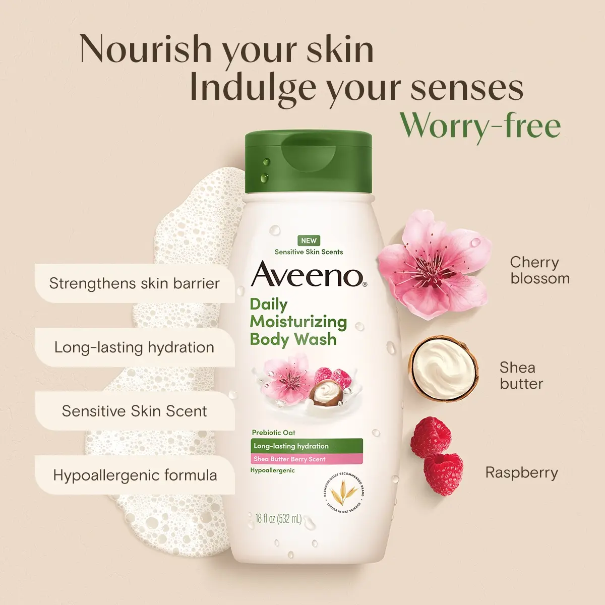 Aveeno® Daily Moisturizing Shea Butter Berry Body Wash, nourishing your skin indulge your senses
