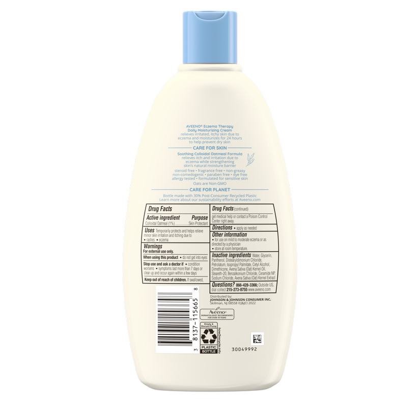 Back of Pack shot of Aveeno® Eczema Therapy Soothing Cream, Steroid-Free
