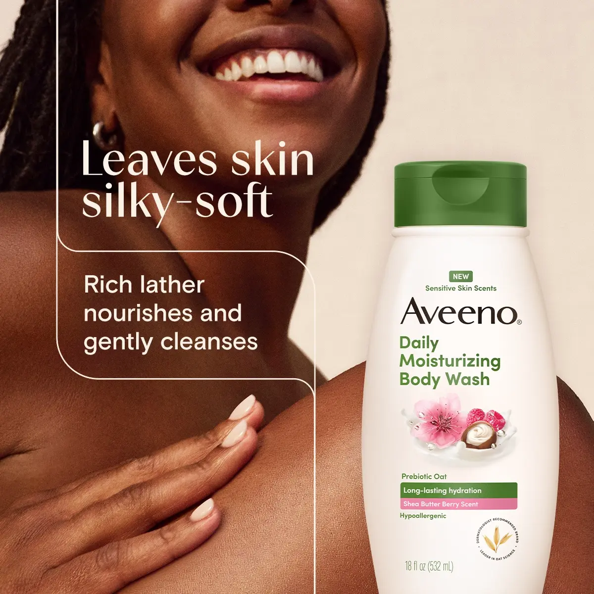 Aveeno® Shea Butter Berry Body Wash leaves skin silky-soft rich lather nourishes gently cleanses