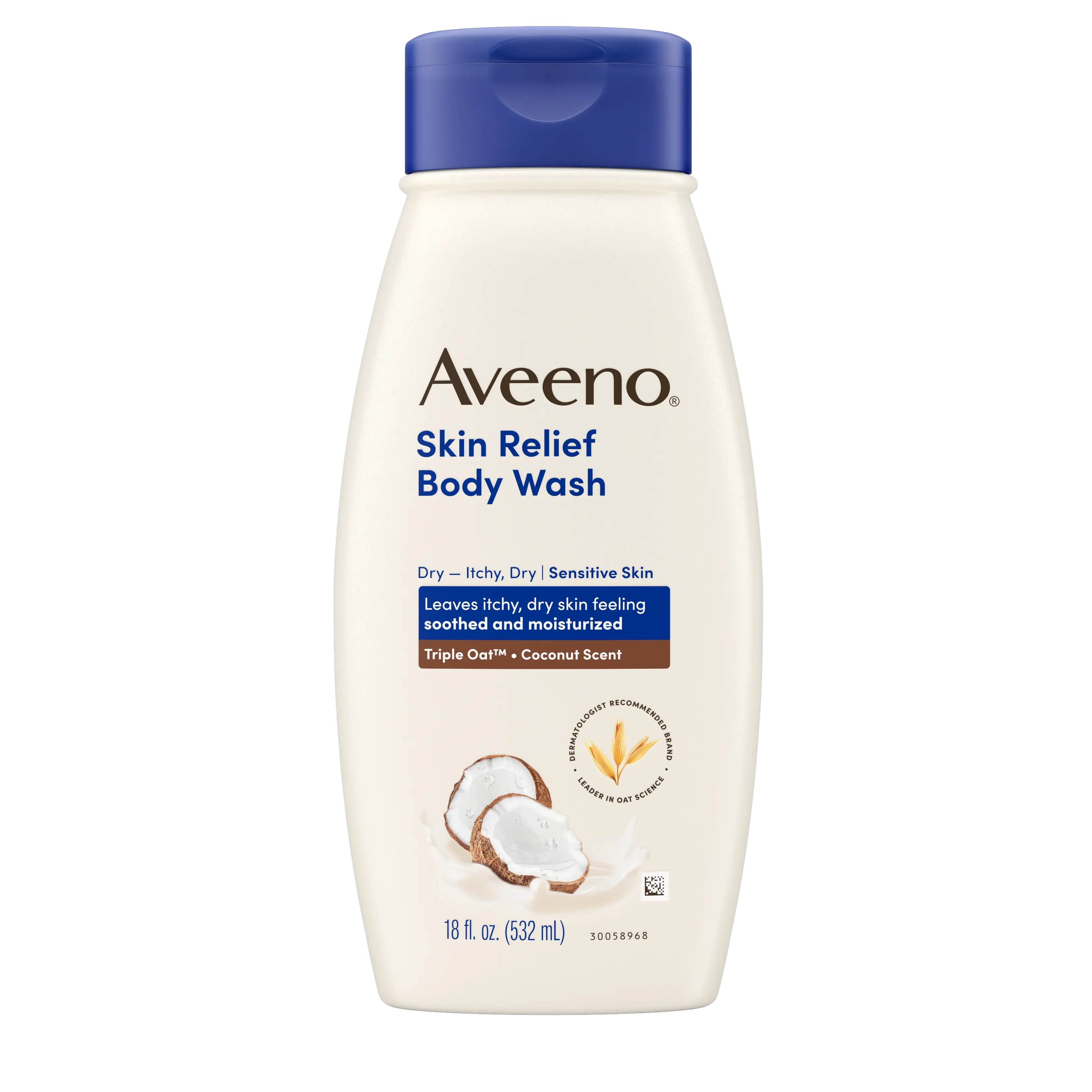 Front pack shot Aveeno® Skin Relief Body Wash with Coconut Scent, 18 fl. oz