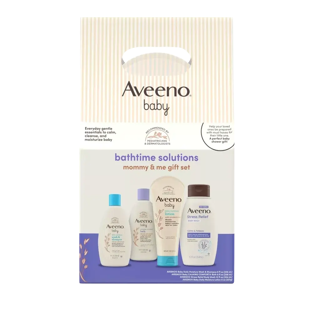 Front pack shot of Aveeno® modern Baby Daily Bathtime Solutions Gift Set