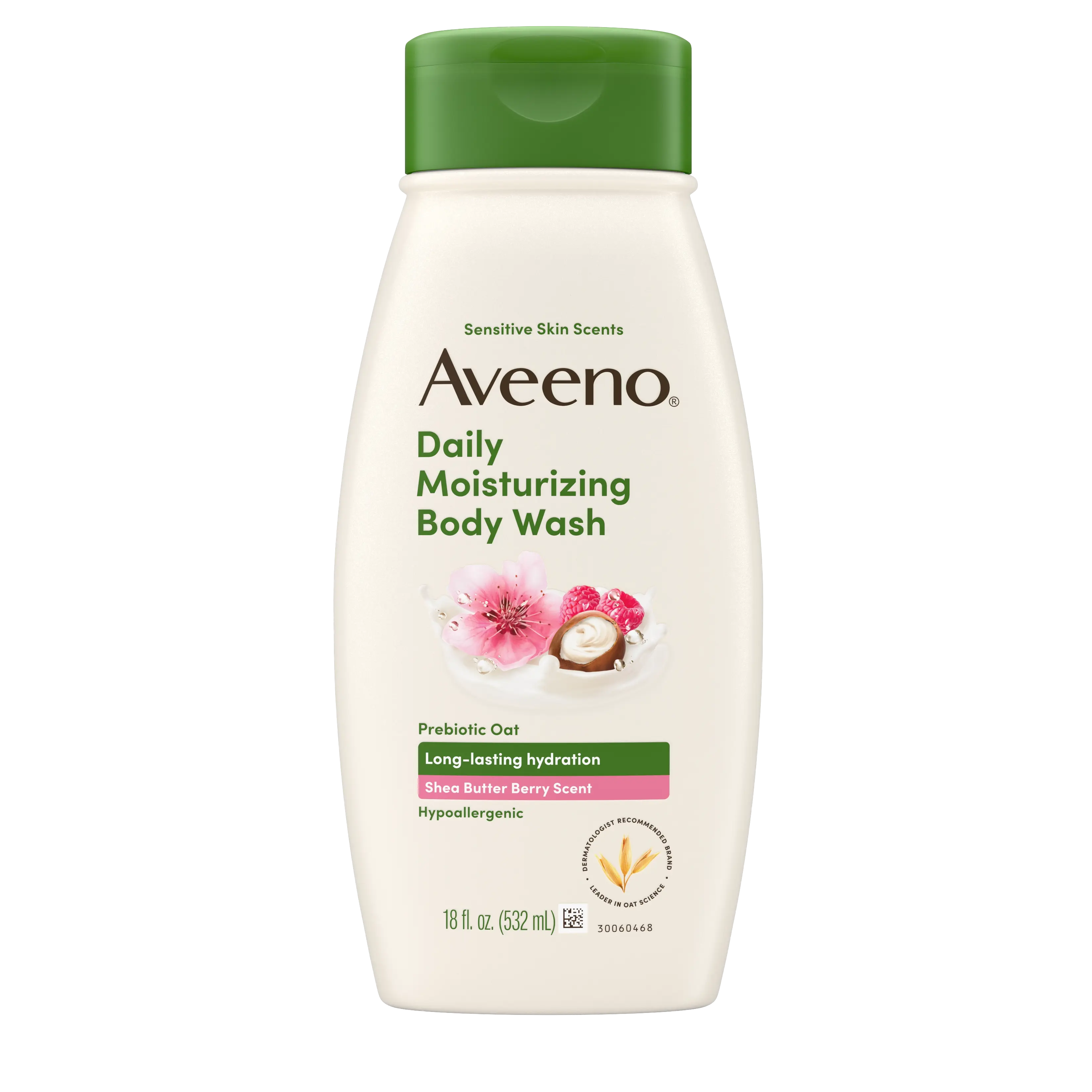 Front pack shot of Aveeno® Daily Moisturizing Body Wash, Shea Butter Berry Scent, Sensitive Skin Scents 18oz