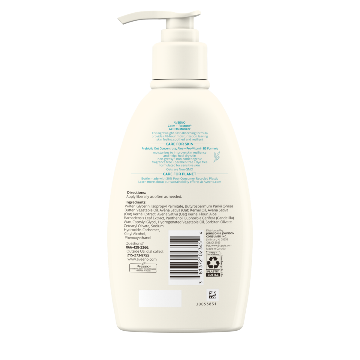 Back of pack shot of Aveeno Calm + Restore® Gel Moisturizer, Skin Soothing, 12 oz