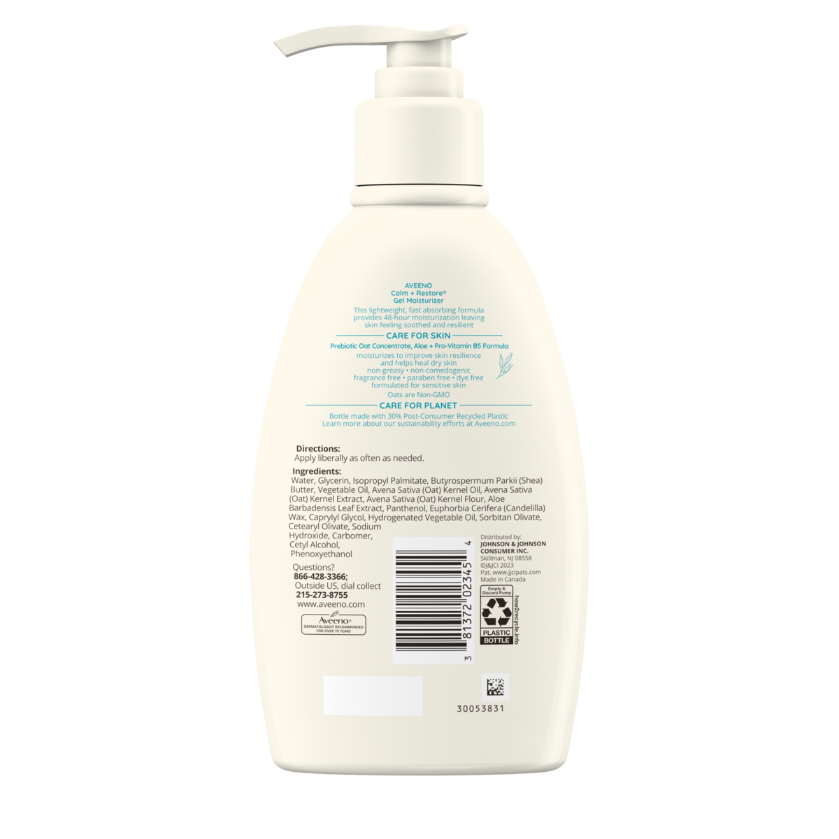 Back of pack shot of Aveeno Calm + Restore® Gel Moisturizer, Skin Soothing, 12 oz