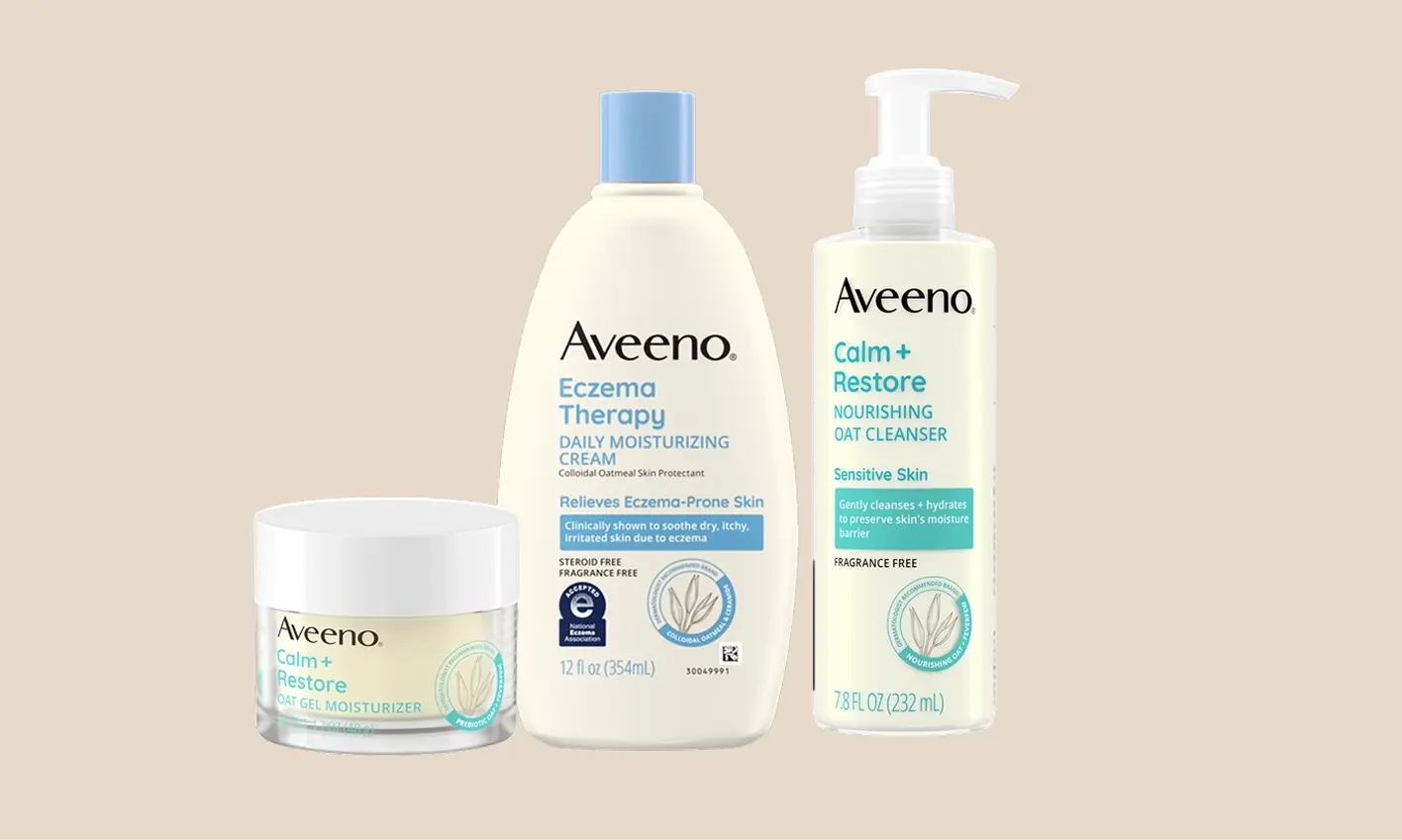 Image featuring Aveeno® Calm + Restore product line for sensitive skin.