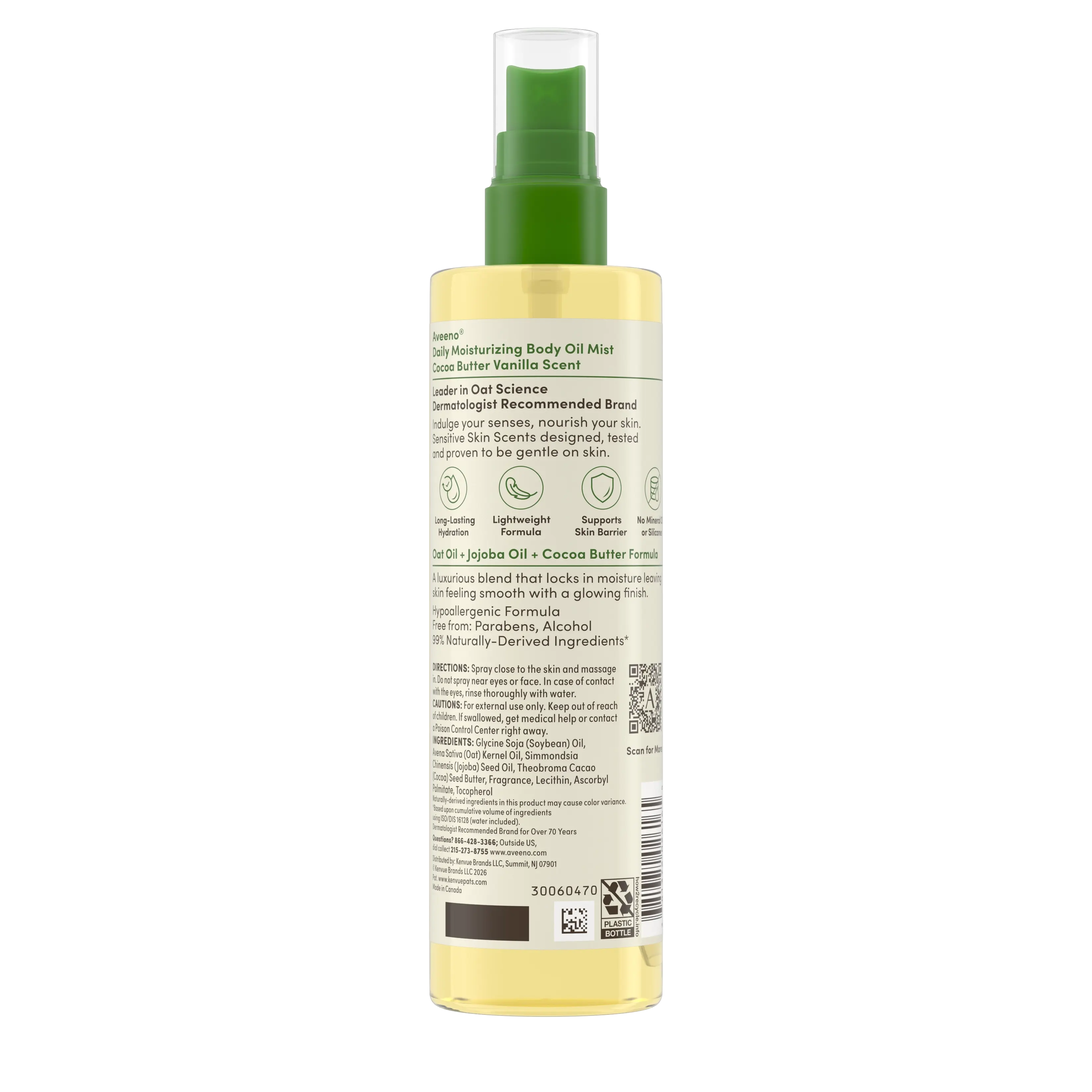 Back pack shot of Aveeno® Daily Moisturizing Body Oil Mist, Cocoa Butter Vanilla Scent 6.7oz