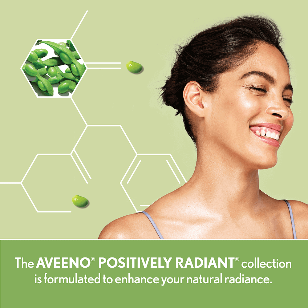 Woman smiling with graphic background showing Aveeno® Positively Radiant is formulated for radiance
