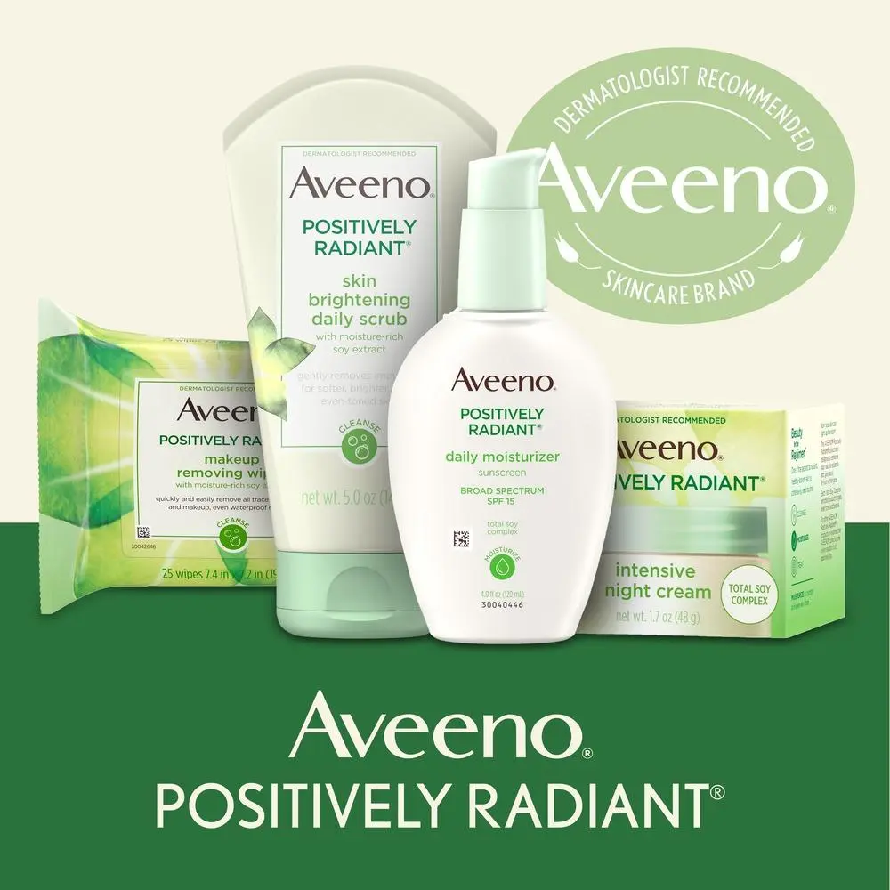 Aveeno® Positively Radiant product lineup displayed with seal Dermatologist Recommended Brand