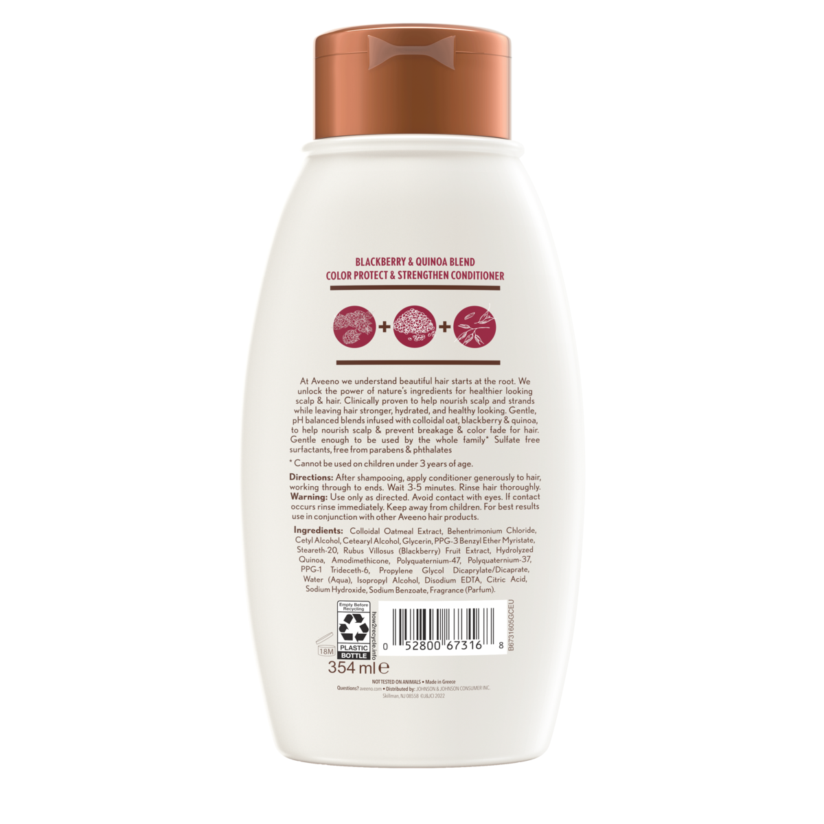 Back of Pack of Aveeno® Blackberry & Quinoa Blend Color Protect & Strengthen Conditioner, 12 fl oz