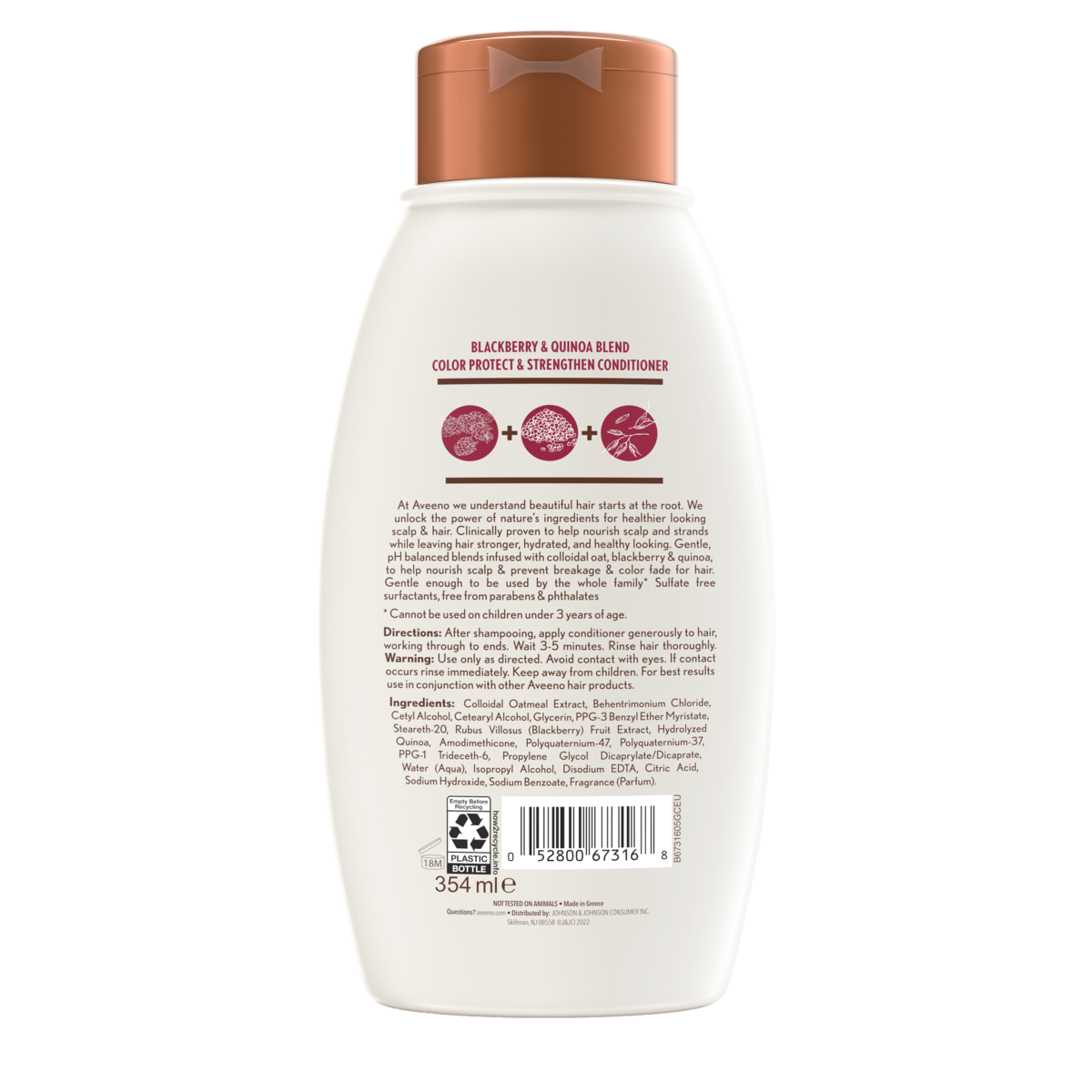 Back of Pack of Aveeno® Blackberry & Quinoa Blend Color Protect & Strengthen Conditioner, 12 fl oz