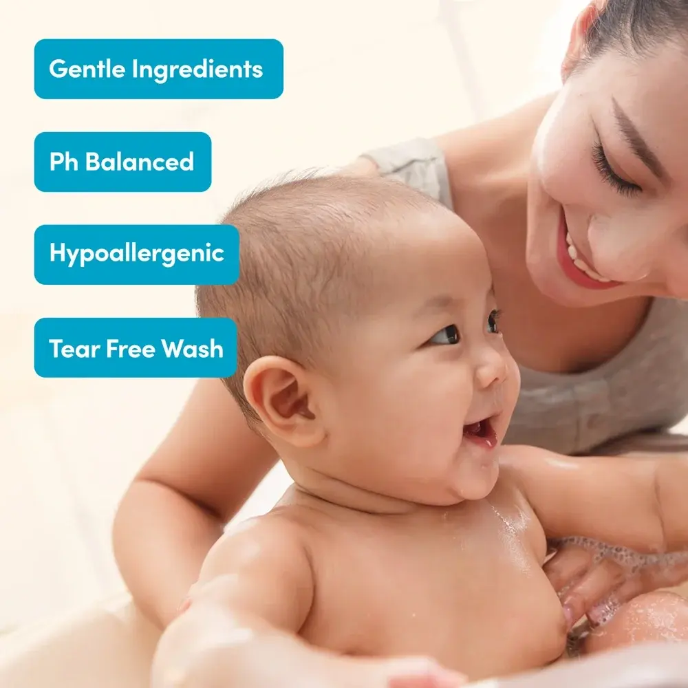 Woman smiling and bathing baby, text "gentle ingredients, Ph balanced, hypoallergenic, tear free wash