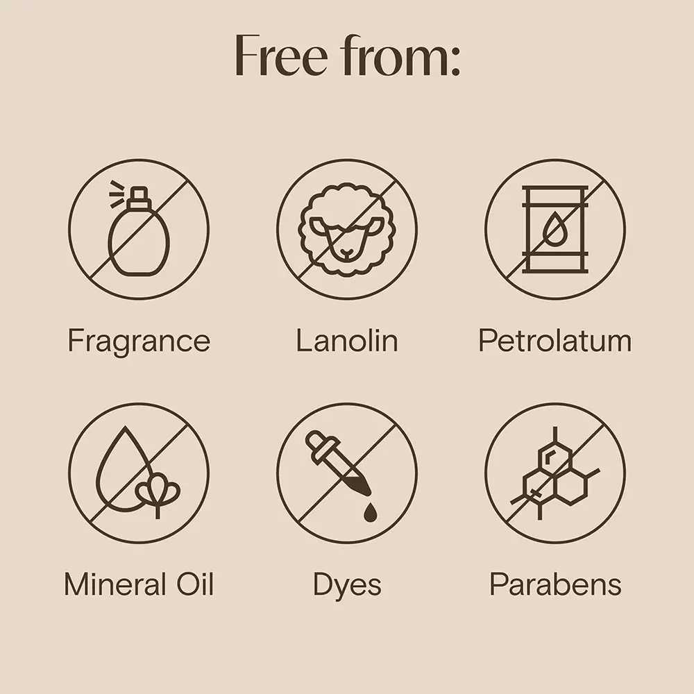 Free from fragrance, lanolin, petrolatum, mineral oil, dyes, parabens