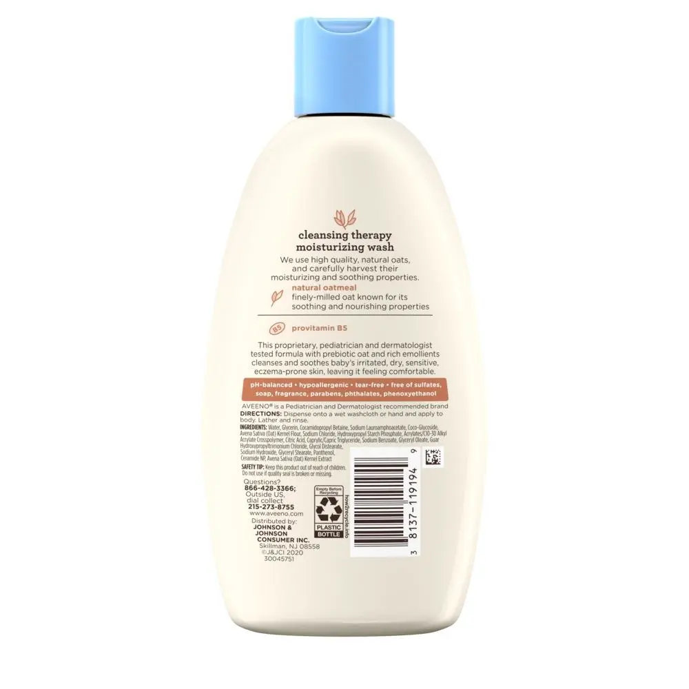 Back of pack shot of Aveeno® Baby Cleansing Therapy Moisture Wash