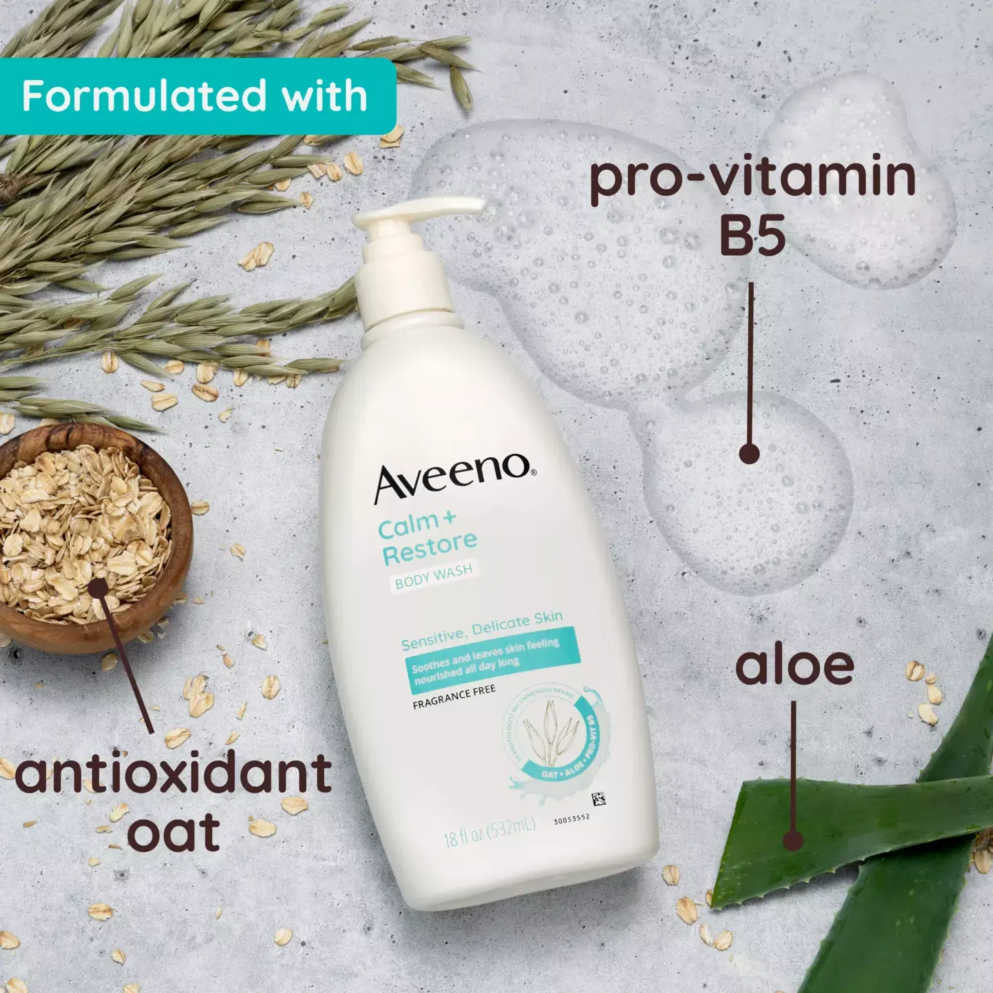 Bottle of Aveeno® Calm Restore Body Wash formulated with ingredients antioxidant oat, aloe and pro-vitamin B5
