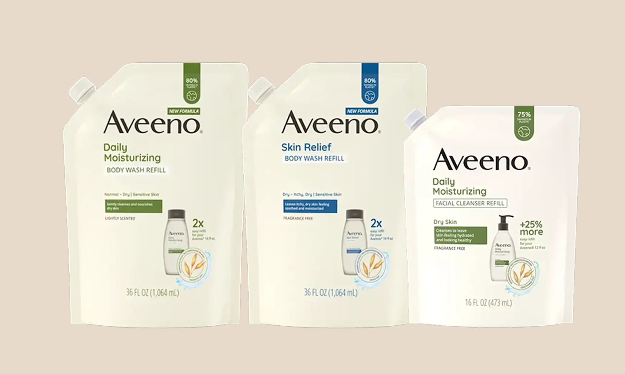 Our Sustainability promotional banner, image featuring Aveeno® Refill products